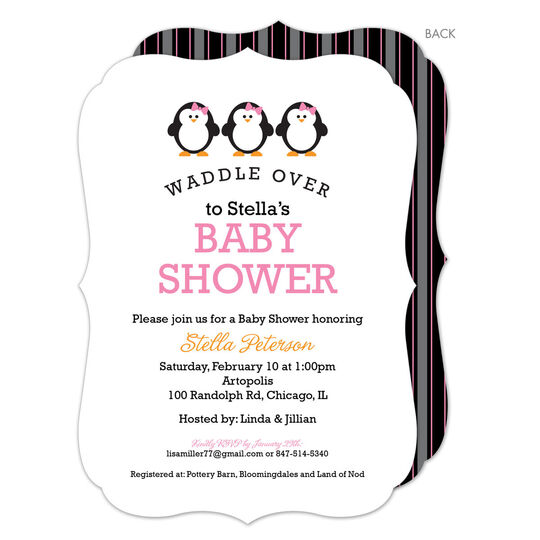 Three Pink Penguins Waddle Over Shower Invitations